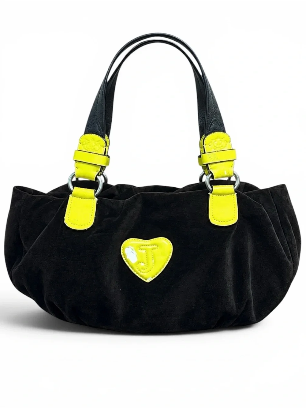Vintage Y2K Juicy Couture Black Velour Hobo Bag Neon Yellow Scottie Crown Logo